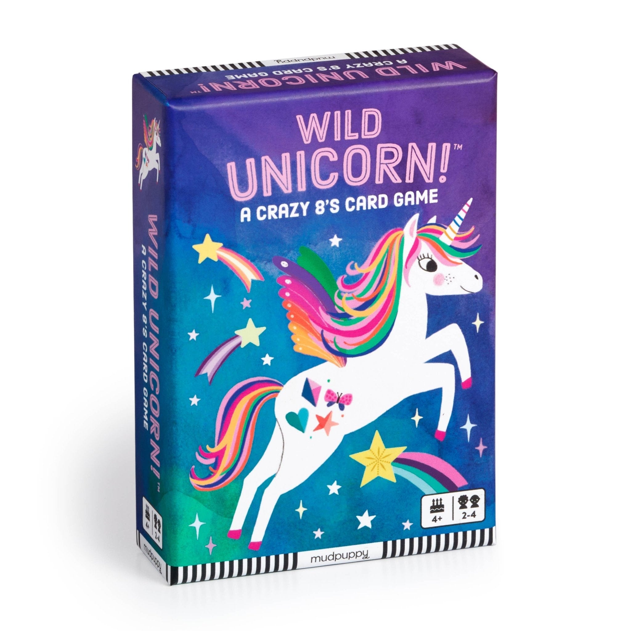 Wild Unicorn! A Crazy 8's card game box featuring a colorful unicorn illustration. Mudpuppy brand.