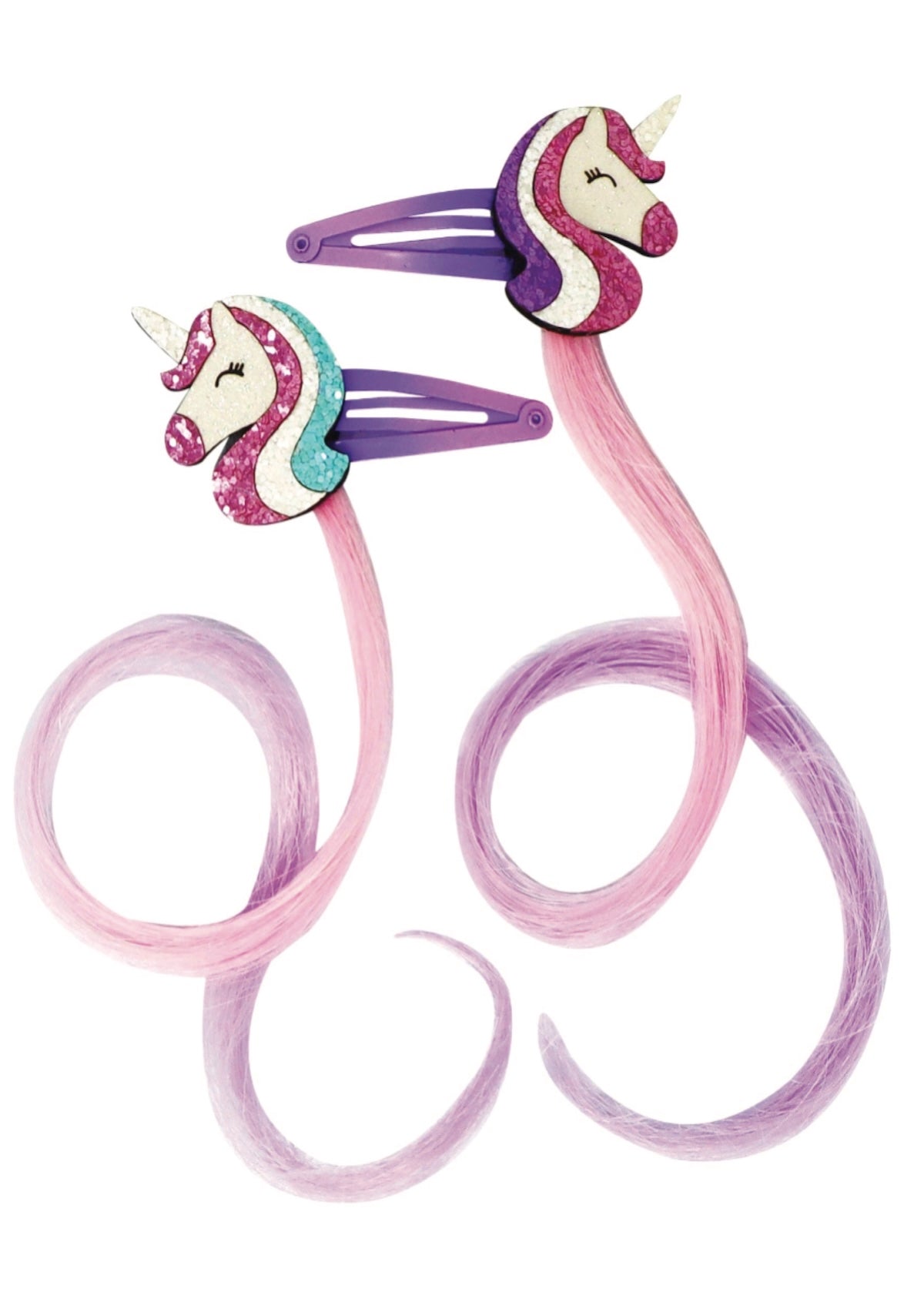 Unicorn-themed hair accessories with pink and purple hair extensions on a white background