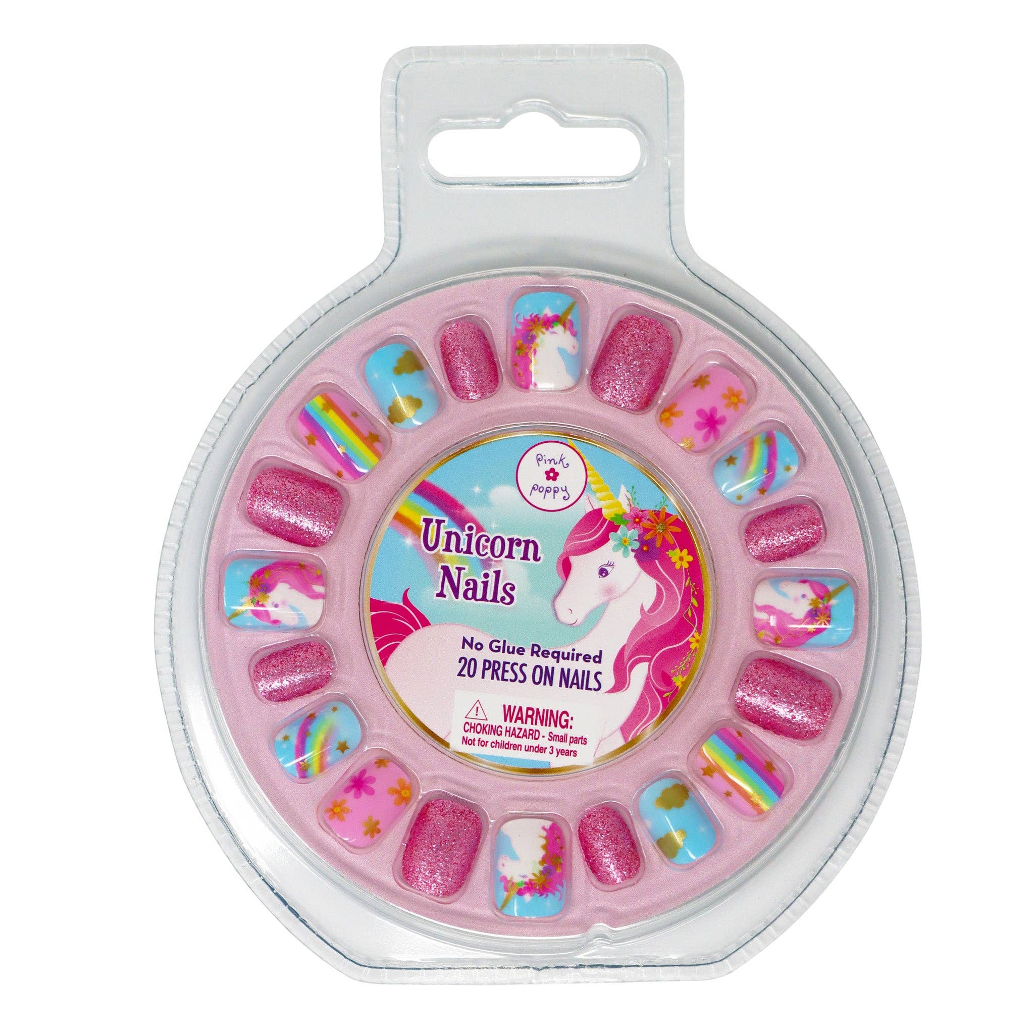 Pink Poppy Unicorn press-on nails set for girls, 20 pieces. Features rainbow, cloud, glitter, and unicorn designs. No glue needed.