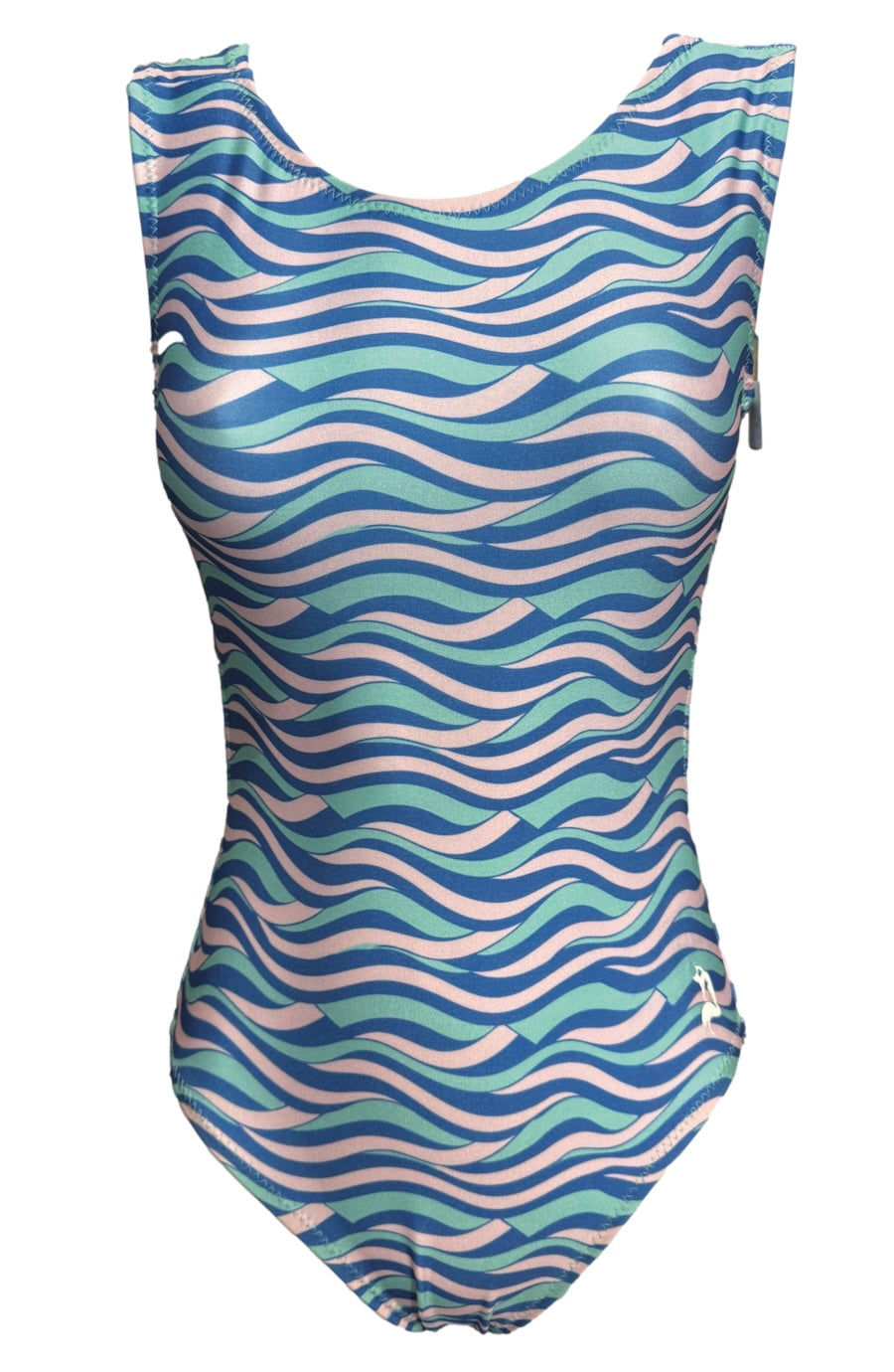 A sleeveless gymnastics leotard with a wavy, horizontal striped pattern in shades of blue, mint green, and light pink, shown against a plain white background.