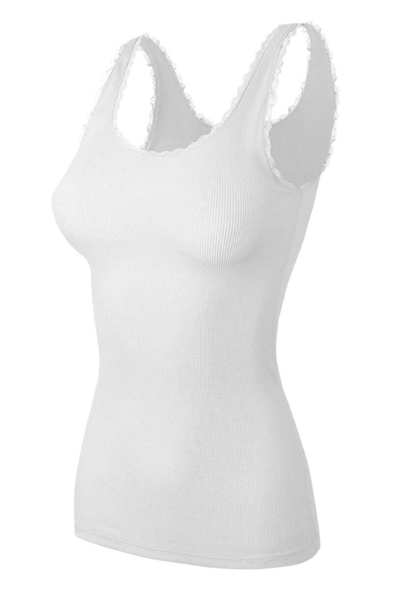 White lace trimmed tank top for women on a white background
