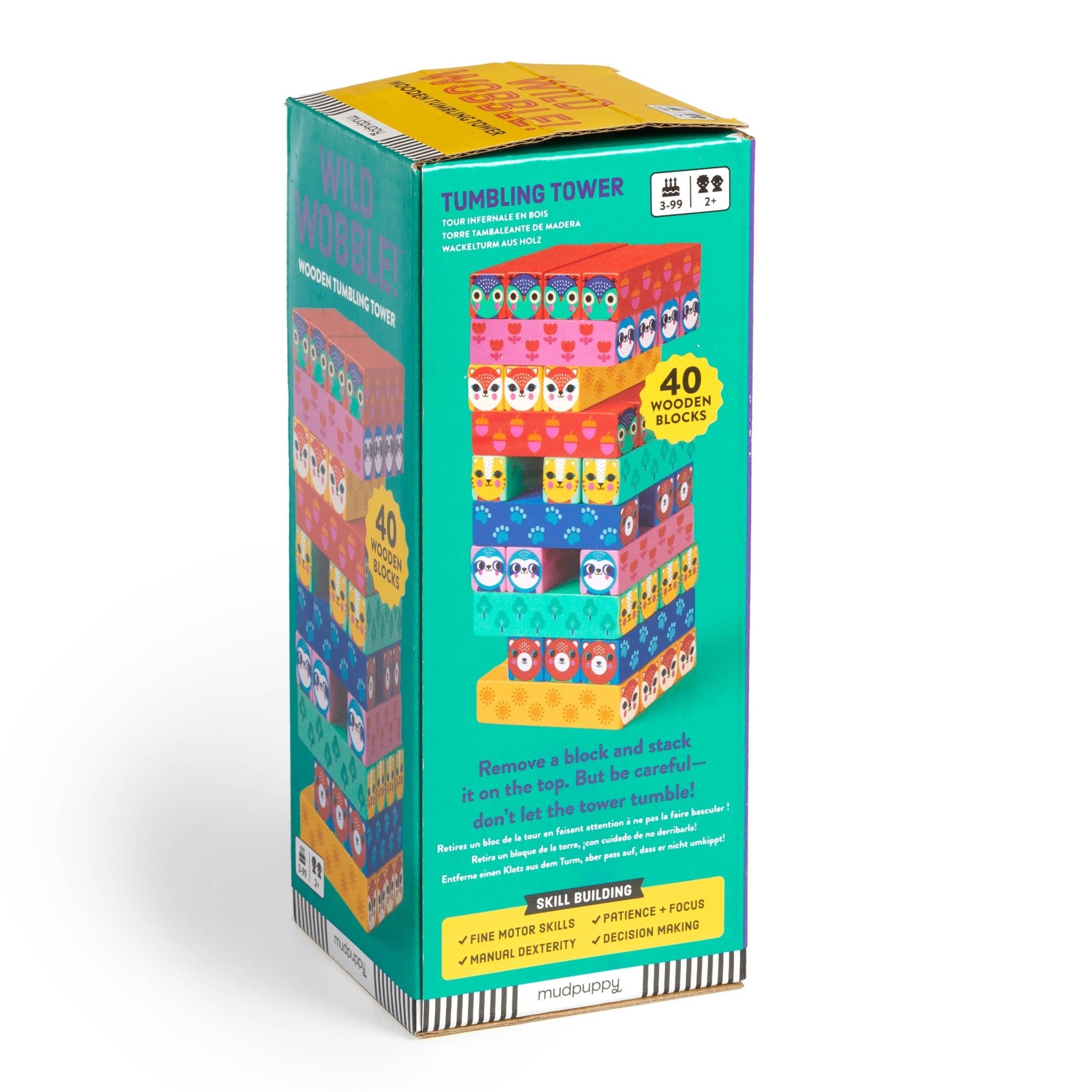 Box of a tumbling tower wooden block toy with colorful design on a white background
