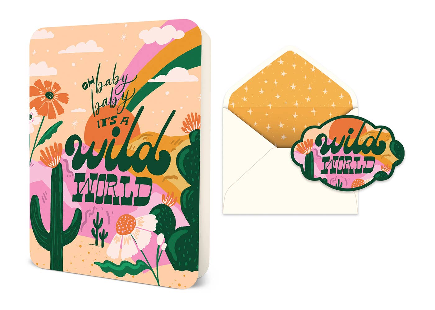"Oh Baby Baby It's A Wild World" baby greeting card with matching envelope and sticker.