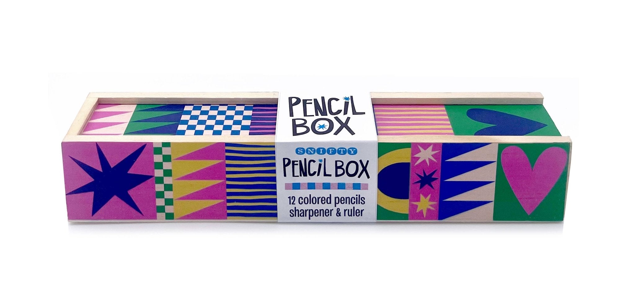 Snifty Pencil Box with 12 colored pencils, sharpener, and ruler. Decorated with hearts and stars.
