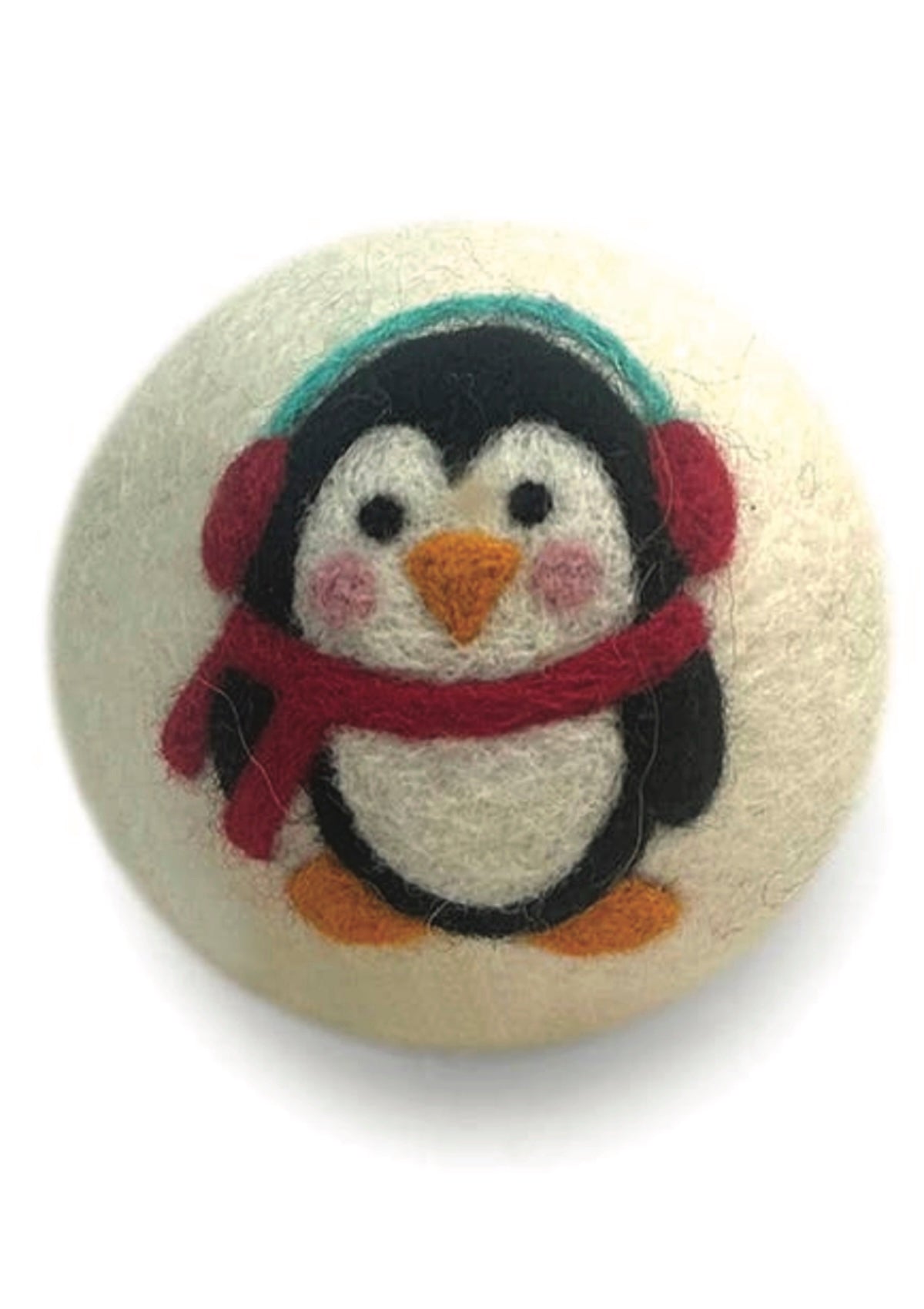 Round felted product with a penguin design wearing a scarf and hat on a white background