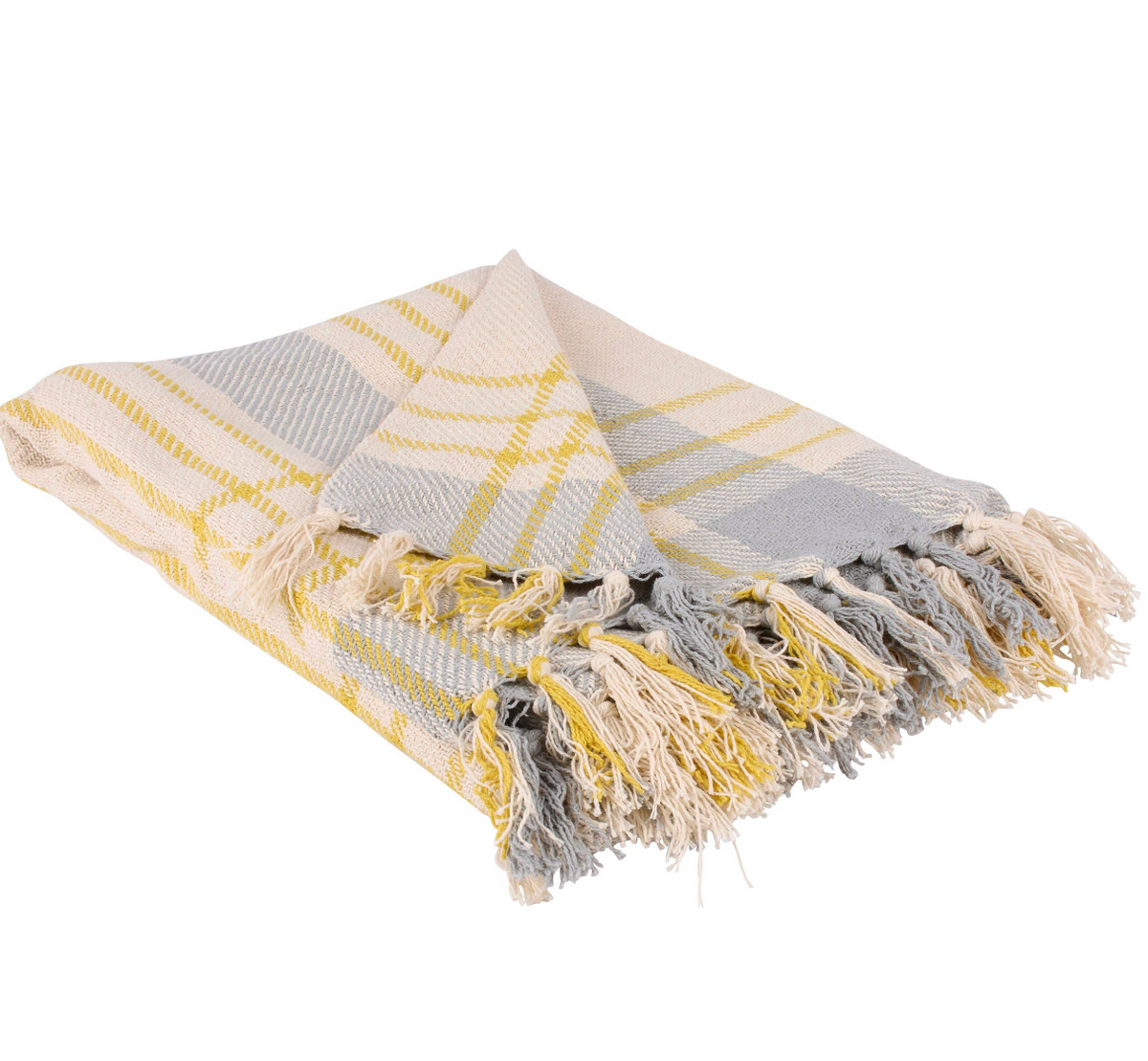 yellow and grey folded flannel plaid blanket