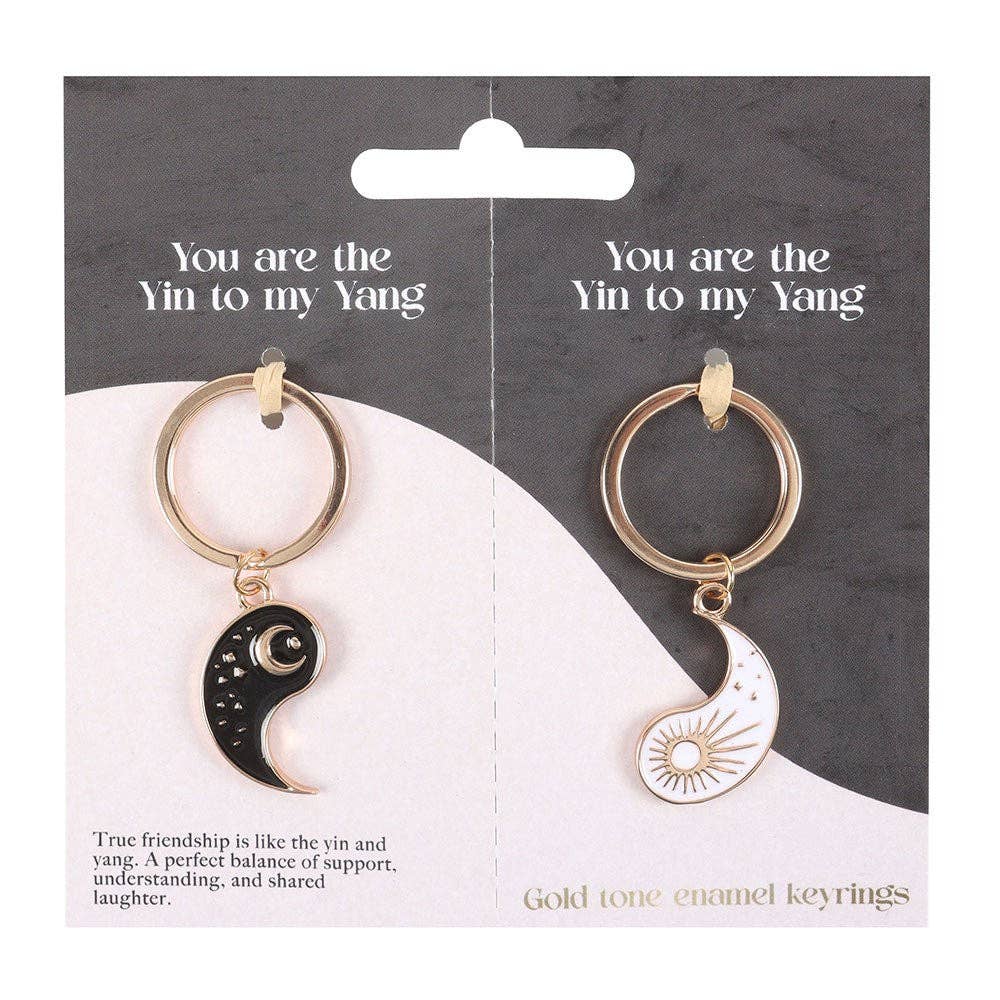 Gold and black yin yang keychains for best friends on a card with 'You are the Yin to my Yang' text.