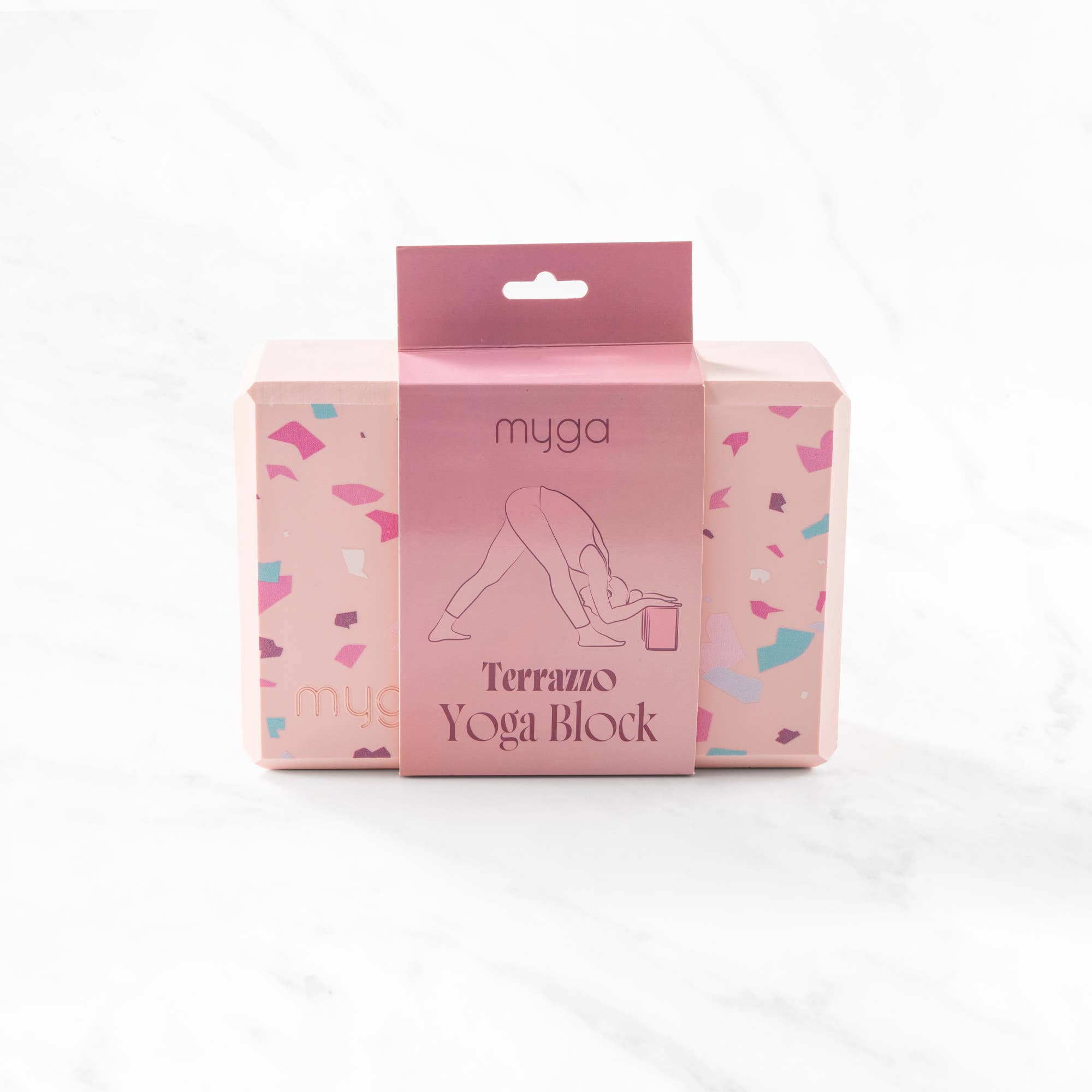 Myga Terrazzo yoga blocks in packaging. Supportive yoga blocks for practice and studio.