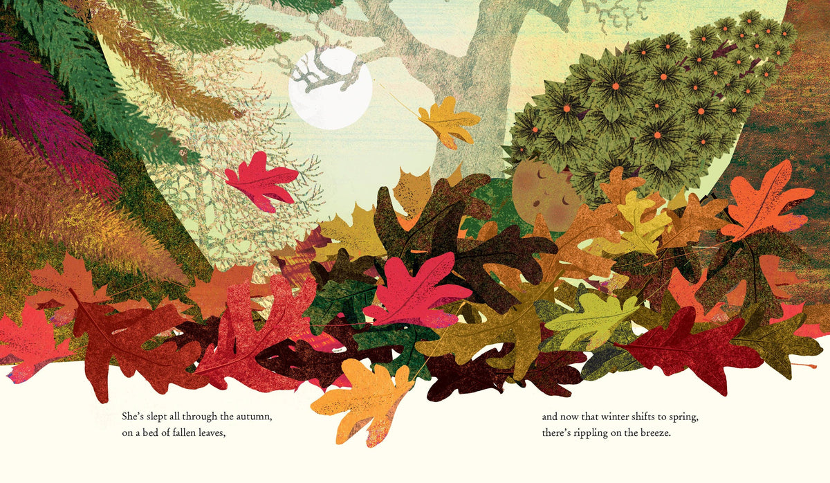 A square art print featuring a whimsical, textured illustration of an autumn forest floor with colorful fallen leaves in shades of red, orange, yellow, brown, and green. A tree trunk and branches are visible in the background under a pale sky, with a small dog-like figure walking among the leaves.