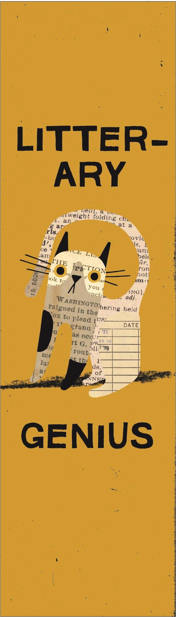 Book with a cat illustration and text on a mustard yellow background