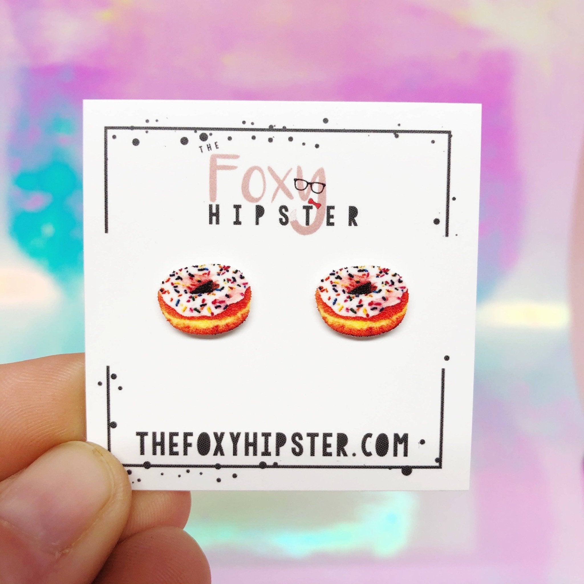 The Foxy Hipster donut earrings with pink frosting and sprinkles