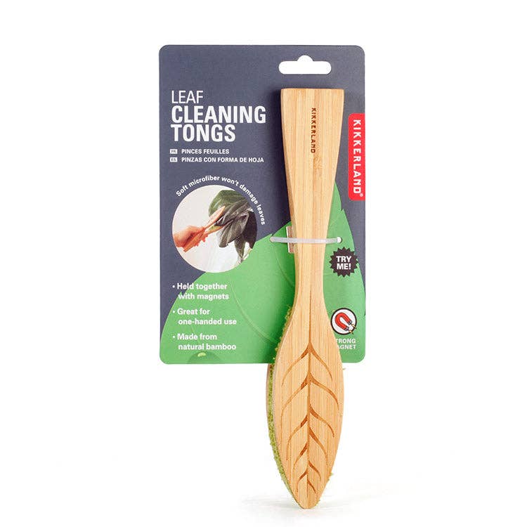 Kikkerland leaf cleaning tongs made of natural bamboo, featuring soft microfiber brush for delicate leaf cleaning.