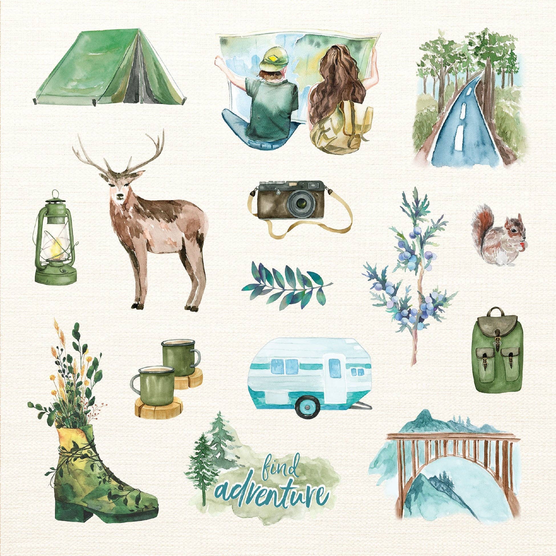 Set of camping-themed illustrations including a tent, camera, deer, and camper.