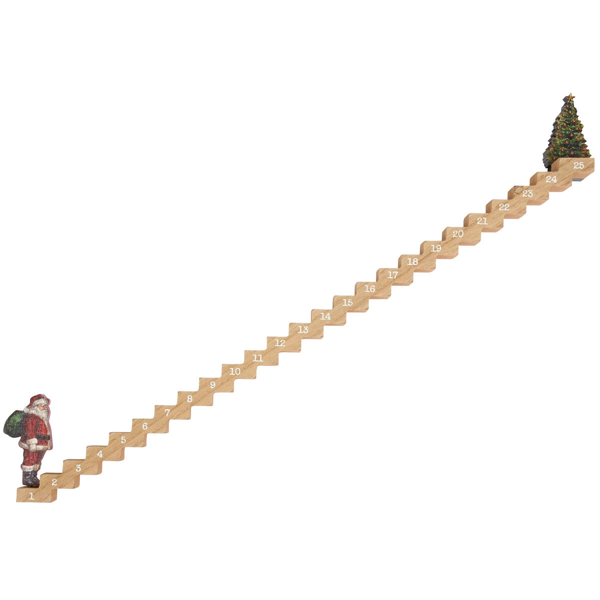 A wooden Christmas advent staircase with numbered steps leading from a Santa Claus figure at the bottom left to a decorated Christmas tree at the top right, shown on a plain white background.