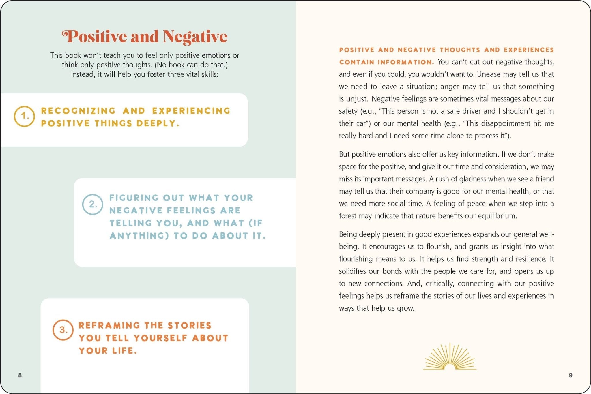 Book page with text on positive and negative thoughts and experiences