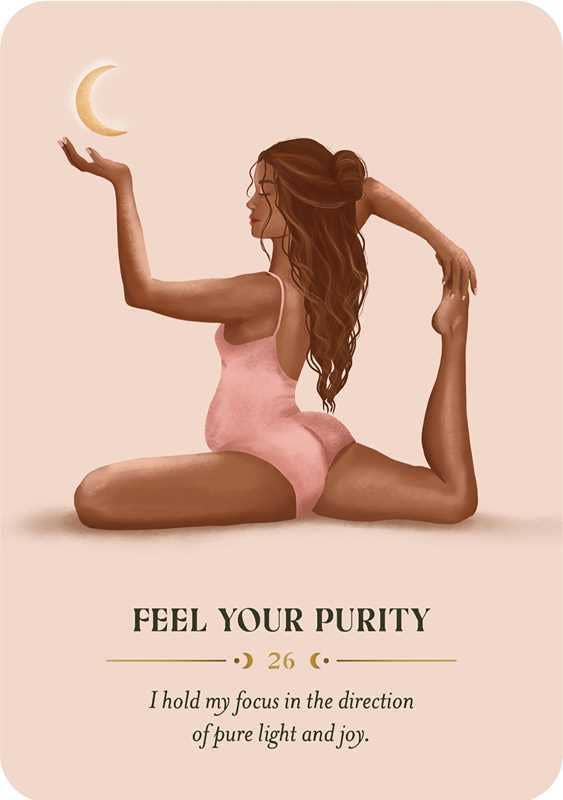 Illustration of a woman in a pink bodysuit with a crescent moon, on a beige background with text 'Feel Your Purity'.