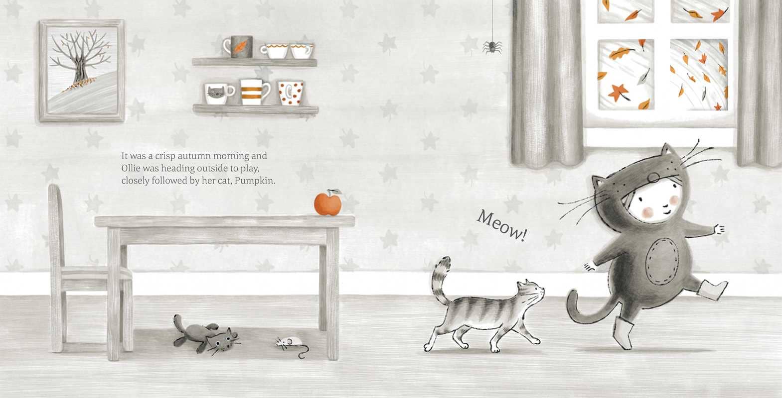 Illustration of a child in a cat costume following a cat toy in a room with a desk and shelves.