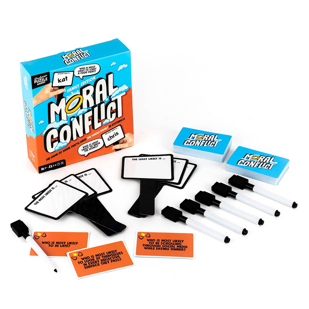 Moral Conflict game set with cards, markers, and box on a white background