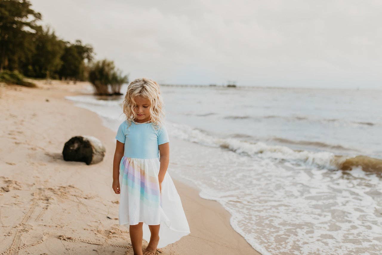 Kids Pastel Blue Rainbow Hi Lo Spring Summer Dress - Foxy’s