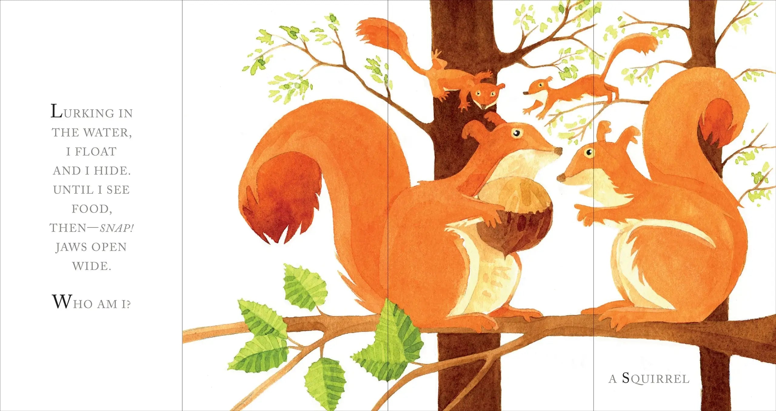 Illustration of squirrels on a branch with text about a squirrel's thoughts.