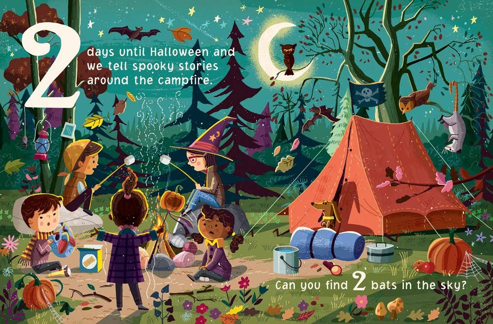 Illustration of children camping in a forest with Halloween elements.