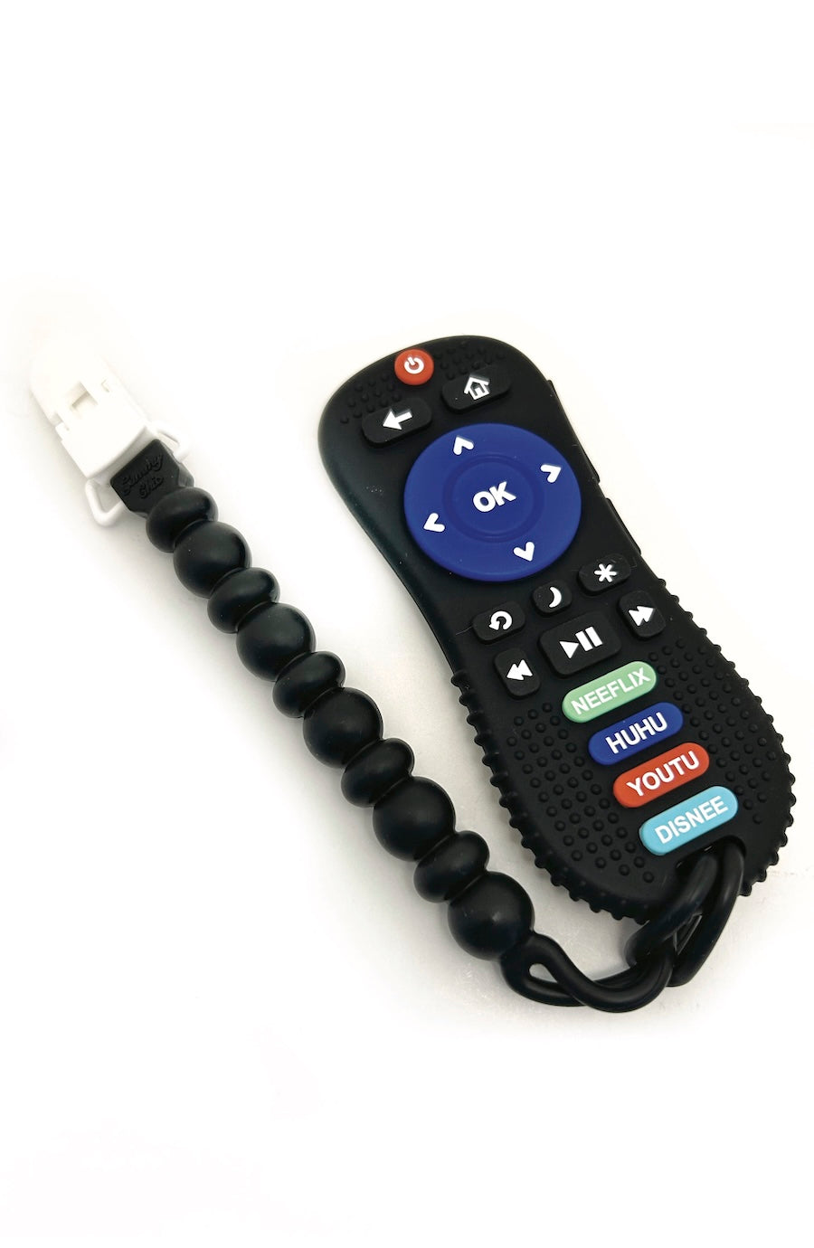 A black silicone baby pacifier clip remote control with a beaded black strap and white clip, featuring colorful button labels for popular streaming services.