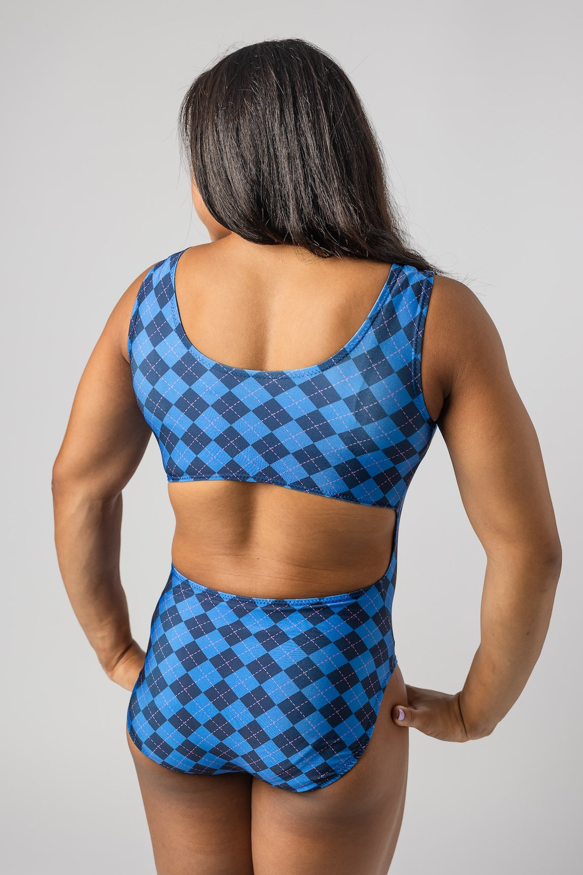 blue open-back style argyle leotard for girls gymnastics and dance by Foxy's Leotards