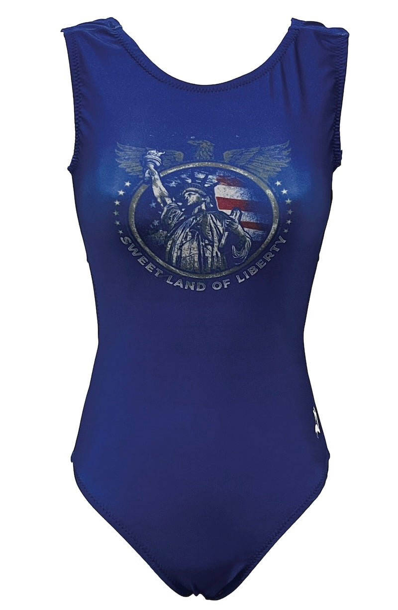 Blue leotard with a graphic patriotic design on a white background
