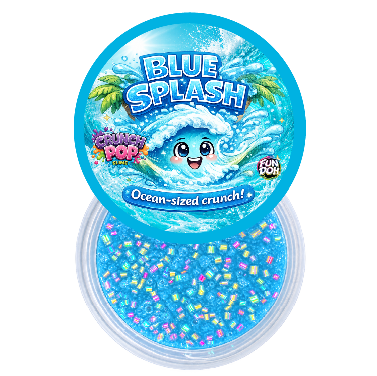 Blue Splash ocean-themed slime by Crunch Pop, showing the round lid with a cartoon wave character and the clear container filled with blue slime and multicolored confetti, on a white background.