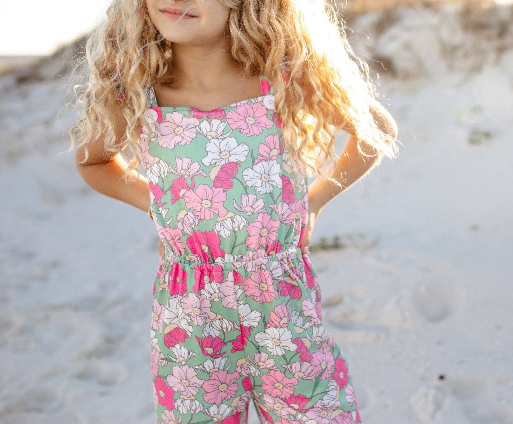 Kids Mint & Pink Flower Button Ruffle Summer Pocket Jumpsuit - Foxy’s