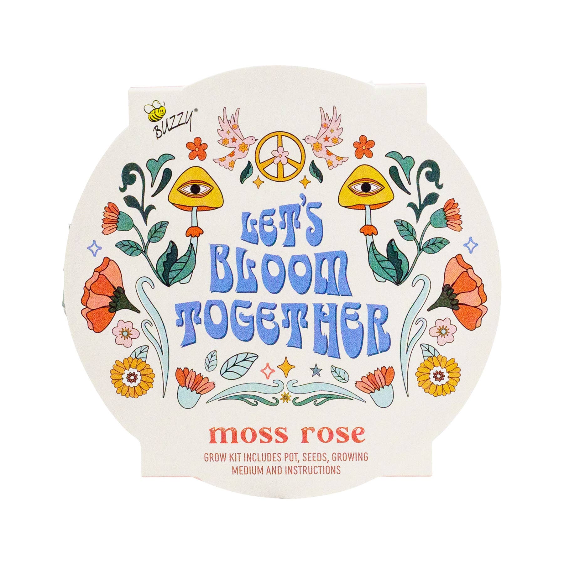 Buzzy 'Let's Bloom Together' Moss Rose Grow Kit. Includes pot, seeds, growing medium, and instructions.