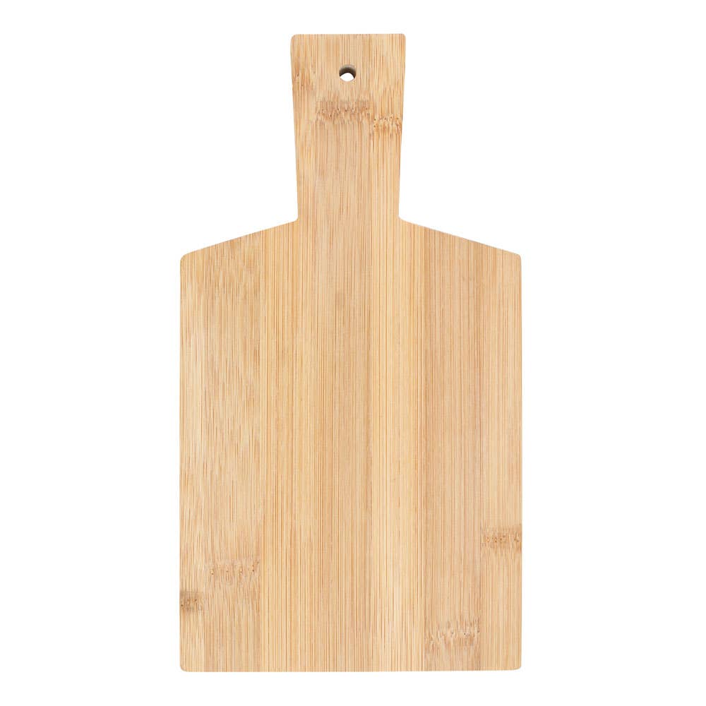 Rectangular bamboo cutting board with handle and hanging hole.