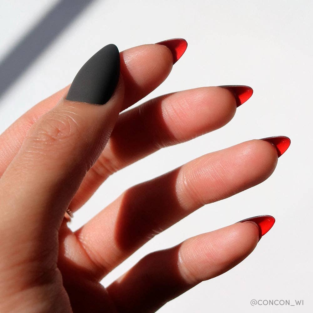 Red Bottom Press-On Nails |Medium Almond Black Red Halloween - Foxy’s