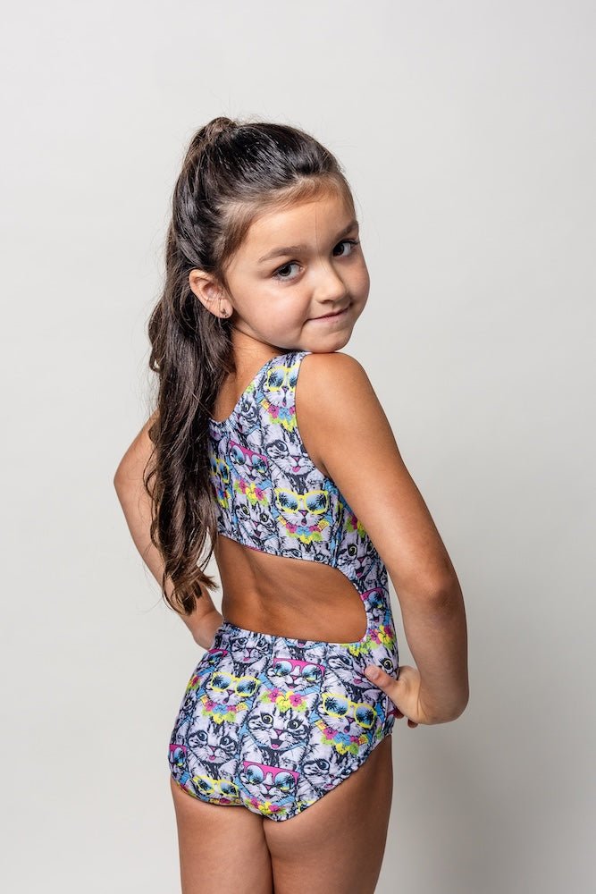 Tropical Cool Cats Gymnastics Leotard - Fun Summer Kitty Print - Foxy’s