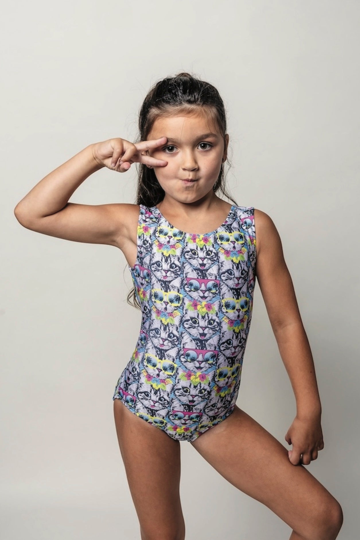 Tropical Cool Cats Gymnastics Leotard - Fun Summer Kitty Print - Foxy’s