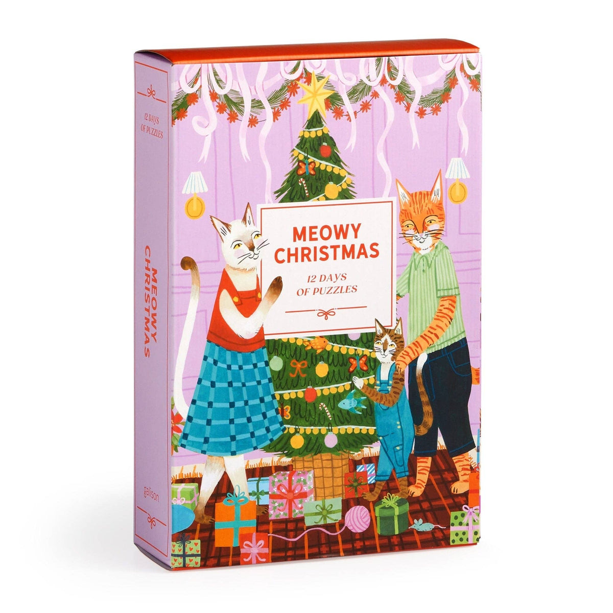 A boxed puzzle product titled "MEOWY CHRISTMAS" with illustrated cat characters and a Christmas tree on the front, photographed on a clean white background.
