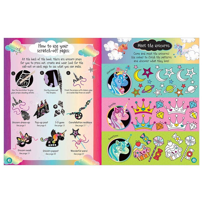 An open children's activity book showing two colorful spread pages with unicorn-themed illustrations, stars, moons, crowns, candy, and printed activity panels. No person, animal, or real environment is present, so this is Product/Packaging rather than Lifestyle.