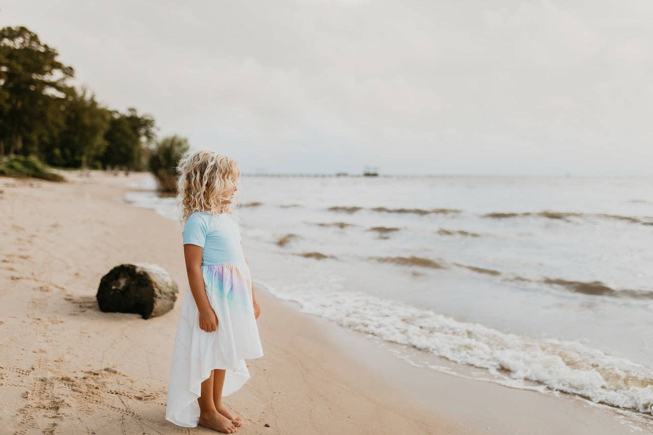 Kids Pastel Blue Rainbow Hi Lo Spring Summer Dress - Foxy’s