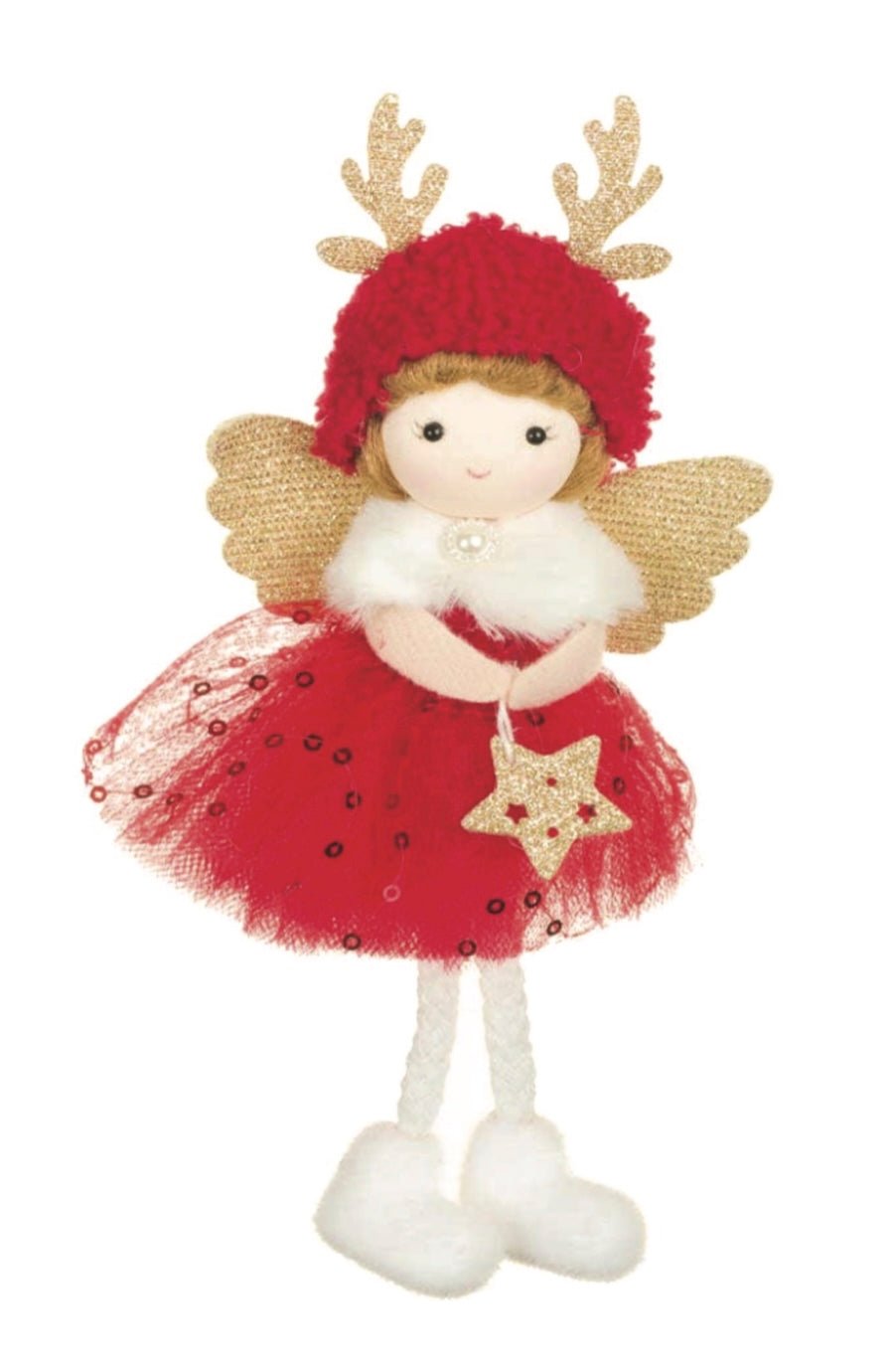 Red/Gold Cherub Girl Doll With Reindeer Hat - Foxy’s