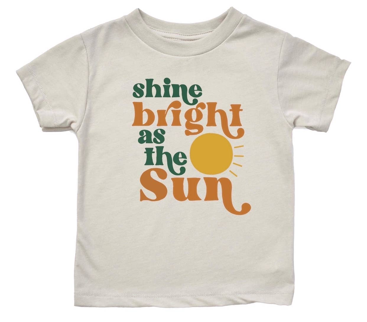 Kids t-shirt with 'shine bright as the sun' graphic in green and orange.