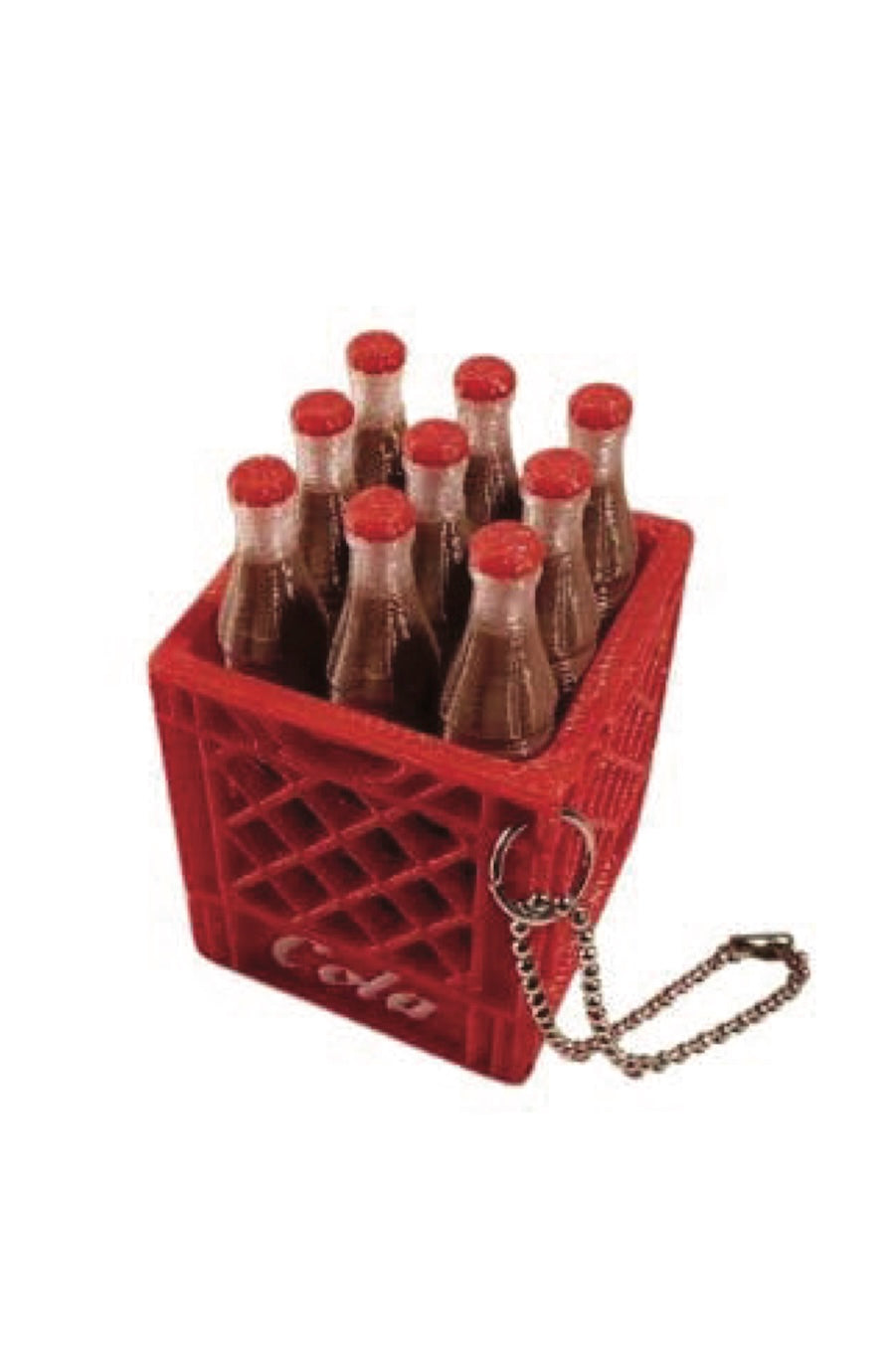 A miniature red plastic milk crate keychain featuring several small glass bottle figures with red caps and a silver metal chain, with the Coca-Cola logo embossed on the front, set against a plain white background.