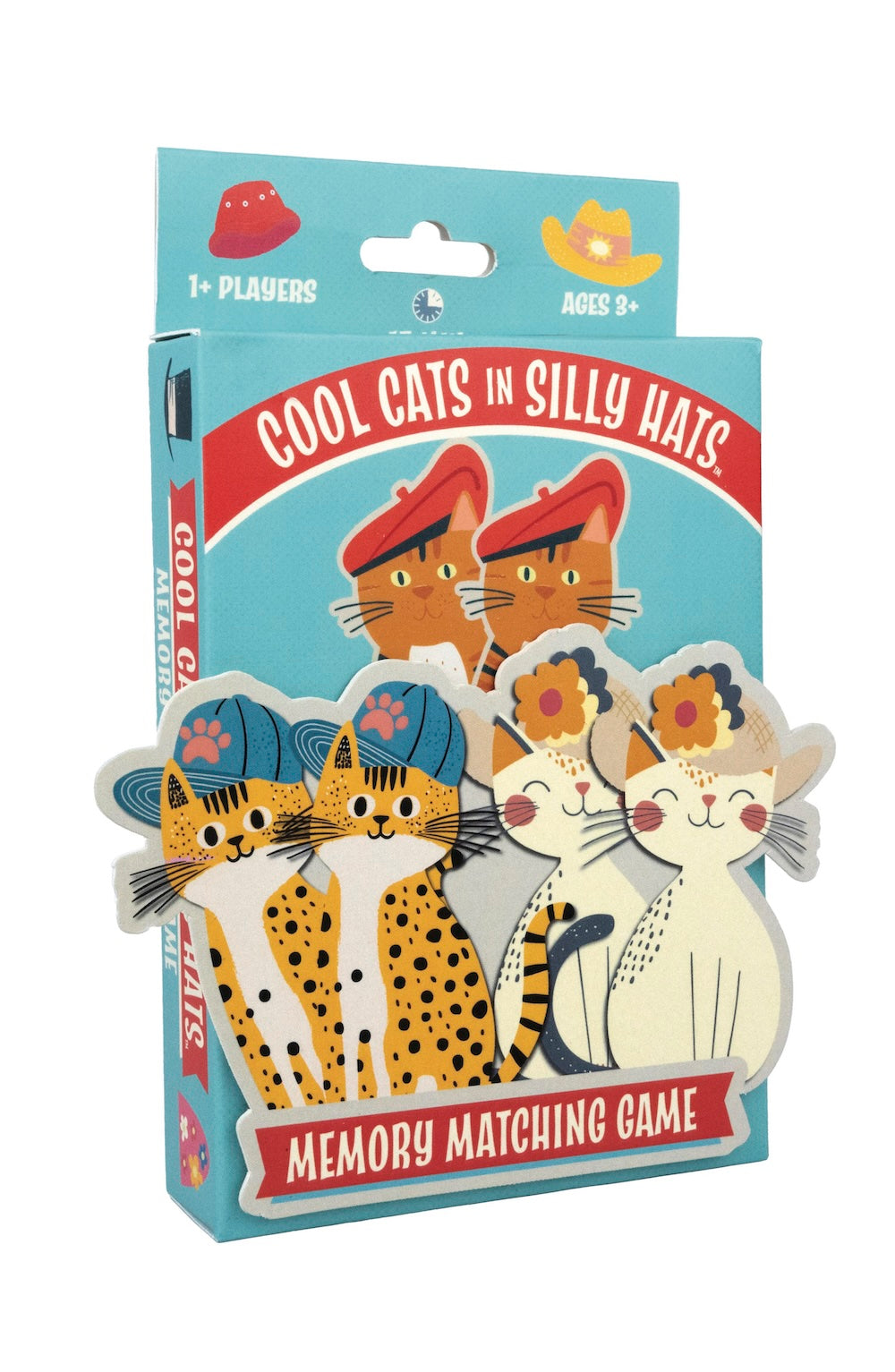 Cool Cats in Silly Hats Memory Matching Game in its original packaging, featuring colorful cartoon cat illustrations on the box and matching cat-shaped cards in front.