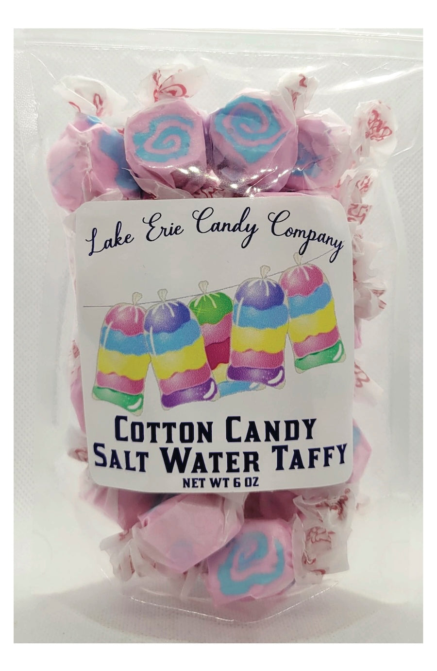 Packaged cotton candy salt water taffy with a label on a white background
