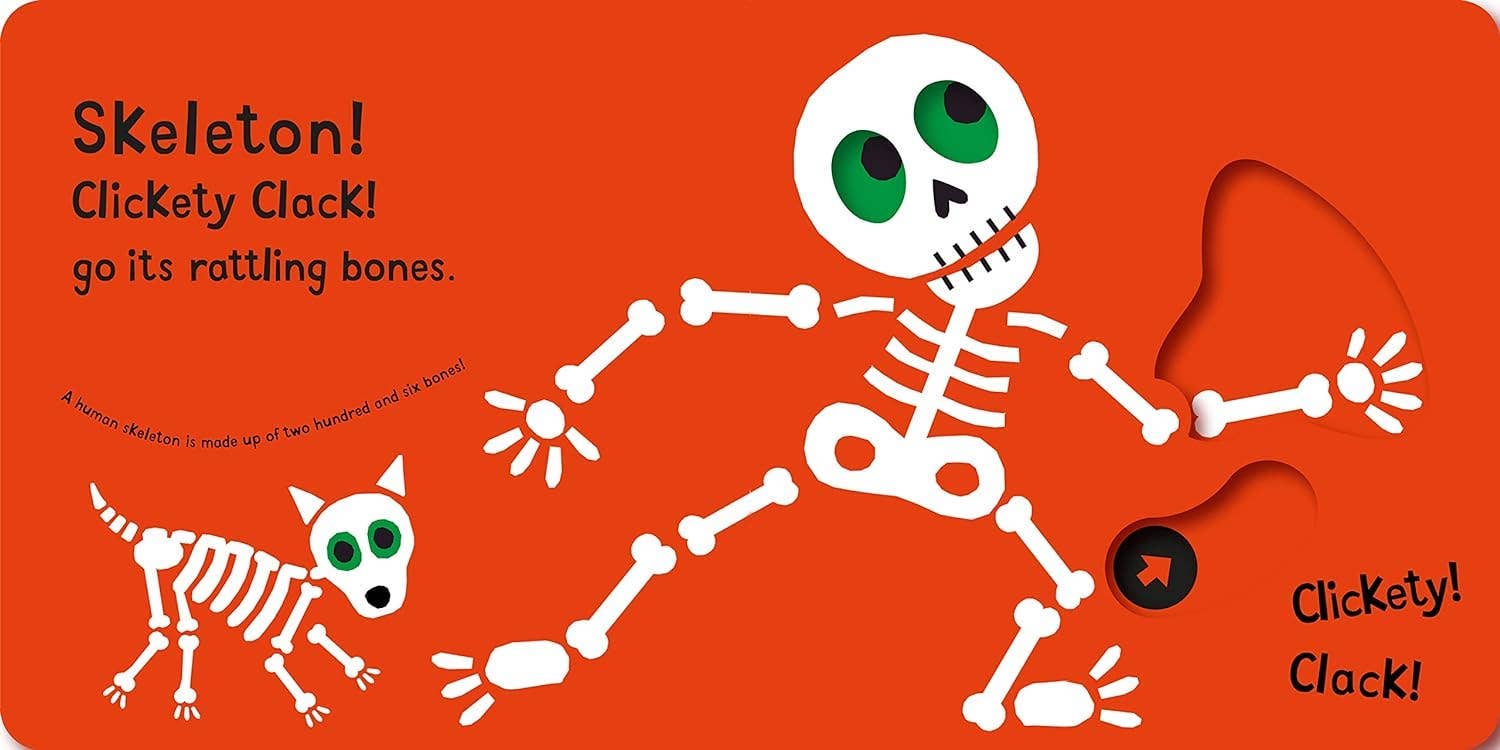 Children's book page with a skeleton character on an orange background