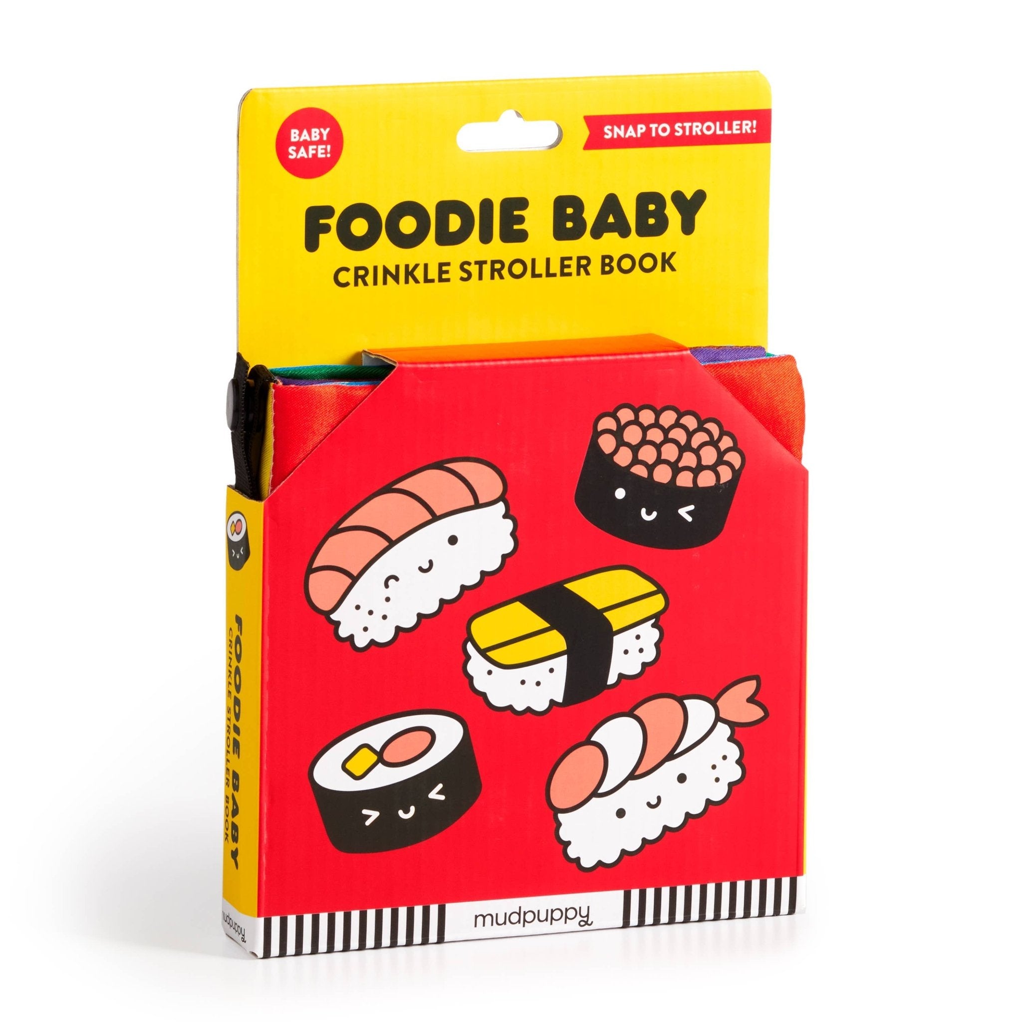 Mudpuppy Foodie Baby Crinkle Stroller Book. Baby-safe toy with sushi illustrations. Snaps to stroller.