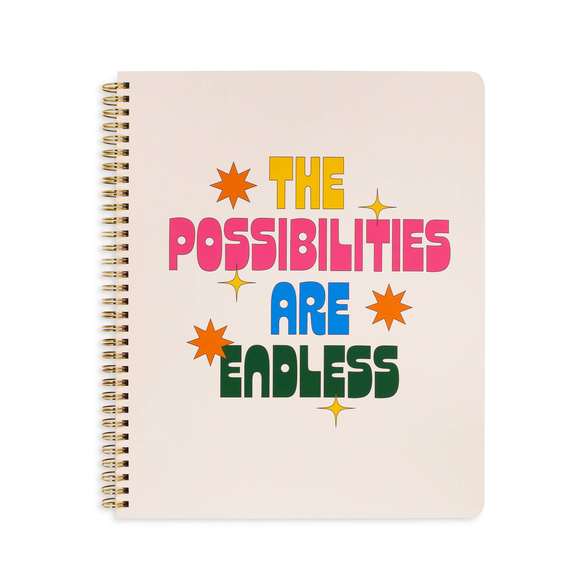 Spiral notebook with 'The Possibilities Are Endless' graphic on the cover.