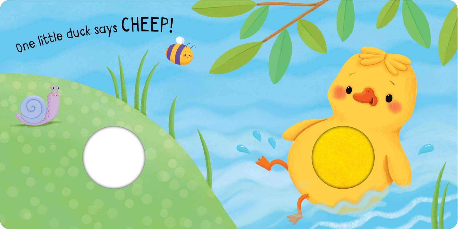 Children's interactive book page with yellow duck, touch-and-feel belly, snail, bee, and 'CHEEP!' text.