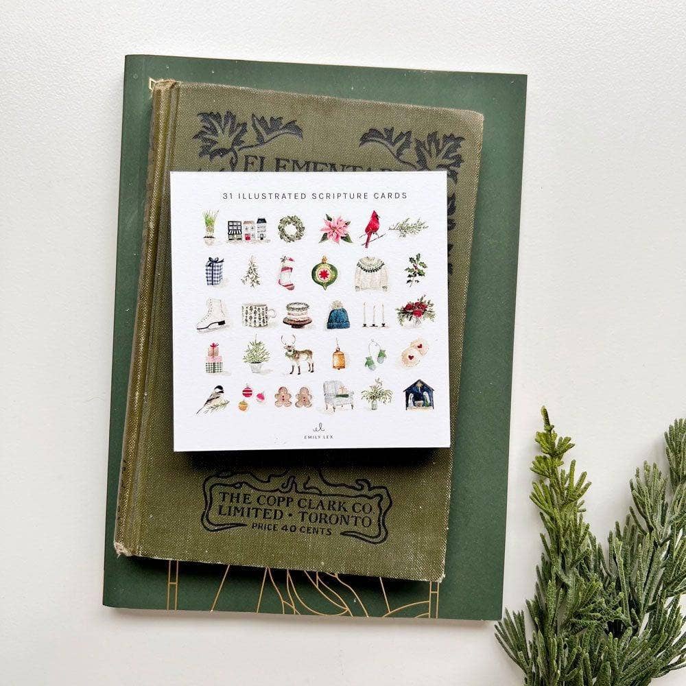 Green book with a white card featuring illustrations on a white background