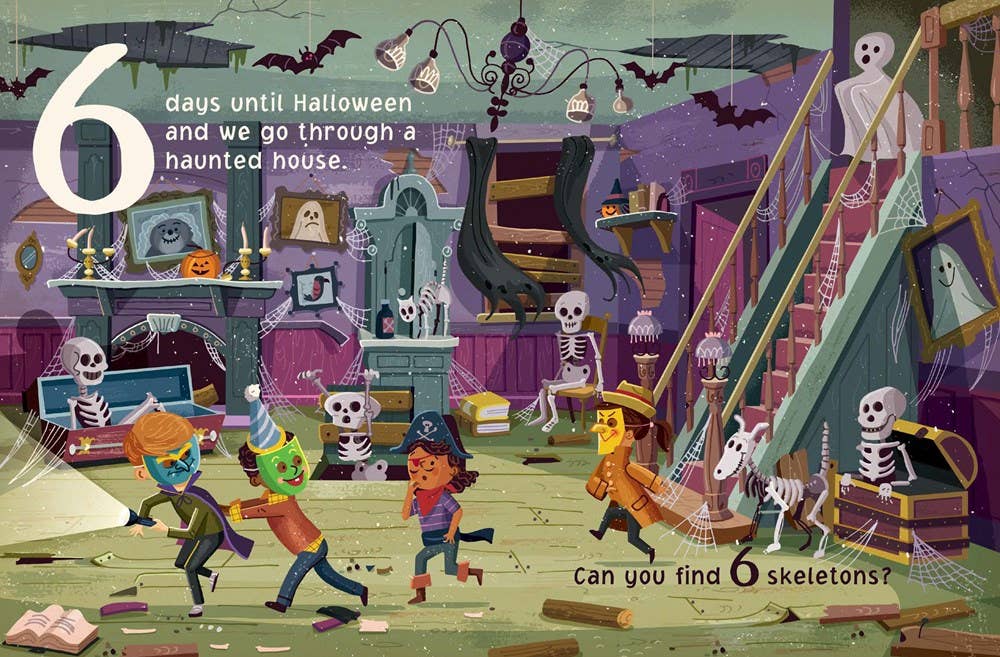 Halloween-themed illustration with children playing in a haunted house setting.