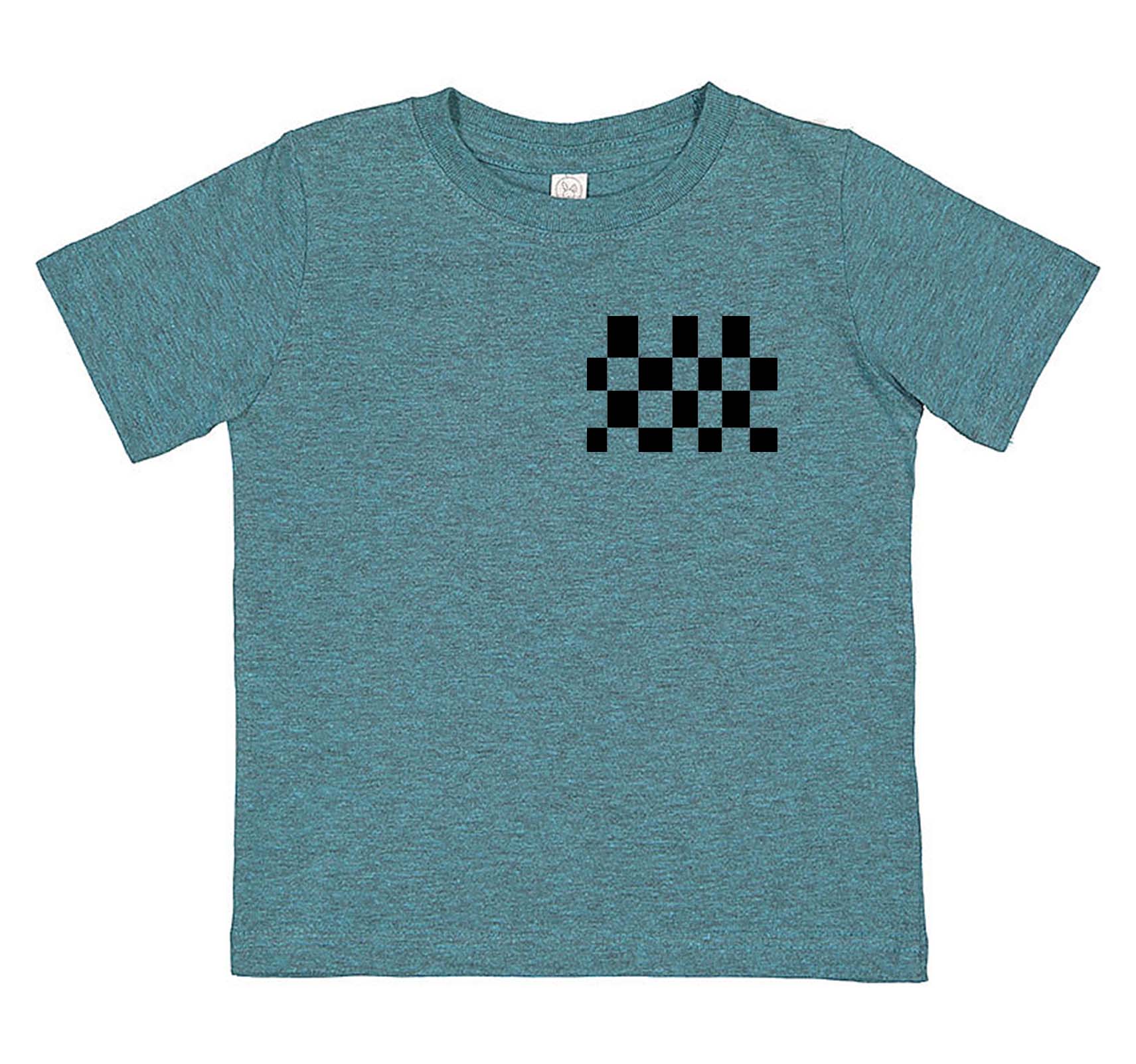 Teal toddler t-shirt with black checkerboard pixel art design.